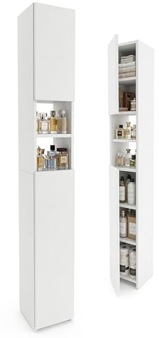 CraftPAK Badezimmerschrank 24 cm Breit, Badschrank, Hochschrank 7 Fächer Verstellbar 2 Türen Badezimmermöbel Badmöbel Schmal Holz Weiß