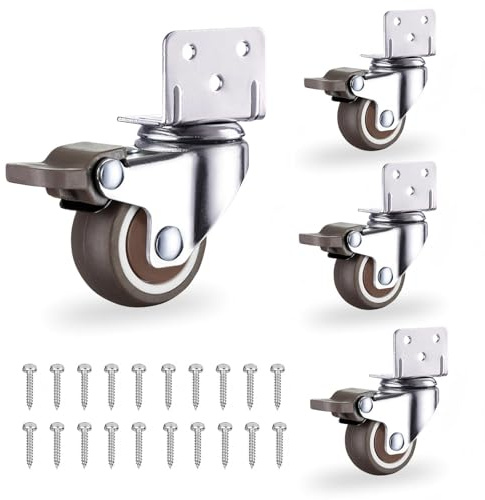Castor wheels set of 4,L-Shaped 25MM wheel for furniture,360 Degree Swivel Trolley Caster with 4 Brakes,Thermoplastic Elastomer Furniture Castors with Load Capacity 100 Lbs Small Heavy Duty Casters