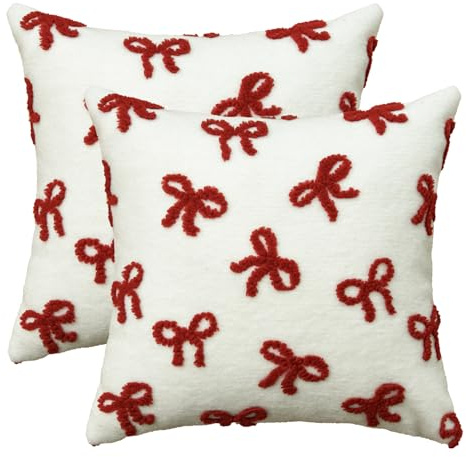 Artoid Mode Ensemble de 2 Housses de Coussin Rouges avec Rubans en Fausse Fourrure Douce de Printemps, 45x45 cm, Housse de Coussin en Jacquard de Velours Décoratif, Housse de Coussin pour Canapé