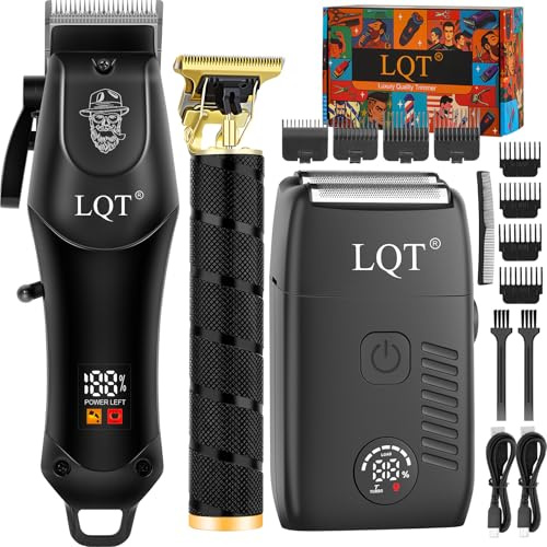 LQT Tagliacapelli professionale da uomo, kit e set di regolabarba, rasoi elettrici, tagliacapelli e trimmer lama a T in ceramica, per barbiere, regali di Natale per uomini (nero)