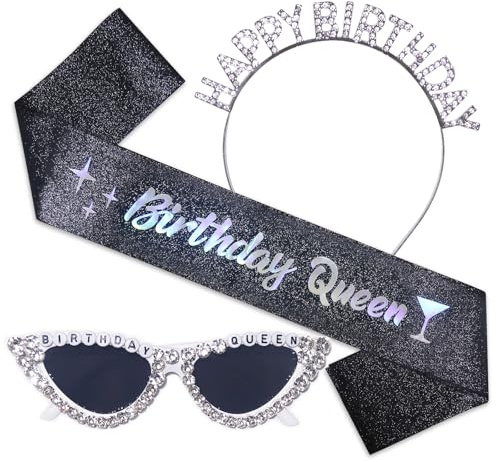 Stiedey Birthday Accessories for Women, Black Birthday Queen Sash with Heart Diamonds Sunglasses and Sparkling Crystal Headband, Happy Birthday Party Accessories for Girl Women Costume Decoration