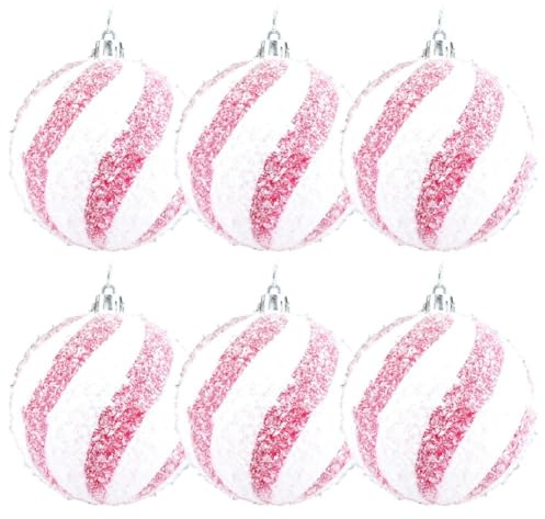 QOXEZY Paquete de 6 adornos de Navidad de lentejuelas rosas y blancas, bolas decorativas de plástico con lazo de metal para árbol, ventana, boda y decoración de fiestas