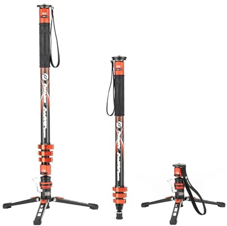 tripod stand, Pacchetto monopiede in fibra di carbonio con testa fluida video con blocco a pedale, 186 cm, 3 in 1, for fotocamera DSLR(Monopod Orange)