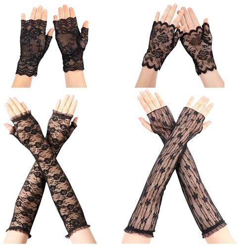 PYSEOSISE Guantes de Encaje Sin Dedos, 4 Pares Guantes de Encaje para Mujer, Elegantes Guantes Negros de Encaje Guantes de Rejilla Lace Gloves para Mujer Fiesta Boda Opera Mascarada