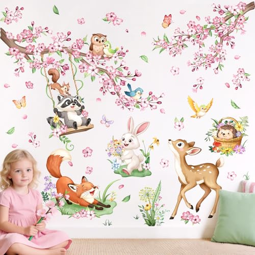 Tanlaby Pegatinas Pared Animales Flores Rosa Vinilos Infantiles Pared Árbol | Árbol Cerezo Bosque Vinilo Decorativos de Ciervo Ardilla para Habitación Infantil Dormitorio Niña Bebé Guardería