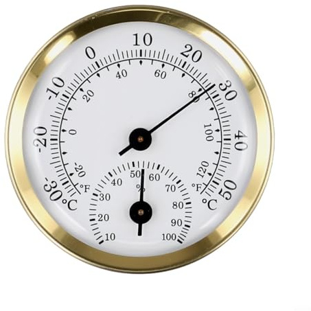 Termómetro de pared higrómetro para uso en interiores y exteriores para controlar la temperatura y la humedad en el jardín, invernadero, oficina, habitación y hogar con escala transparente (dorado)