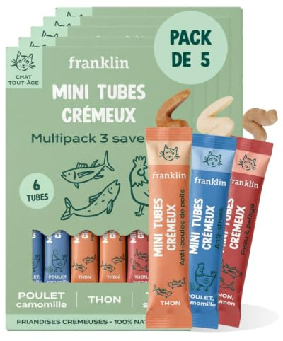 FRANKLIN – Tube Crémeux Chat – Multipack Creamy Snack – 30 Tubes x 15g | Saveurs Poulet, Thon, Saumon – Texture Crémeuse et Onctueuse – Ingrédients 100% Naturels – Faible en Calories