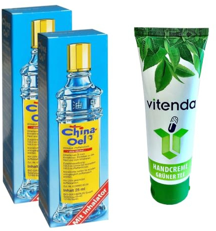 vitenda Set: Pfefferminzöl Ätherisches Öl mit Inhalator mit China-Öl bei Erkältung & Magen-Darm, 2x25ml – inkl. vitenda Handcreme