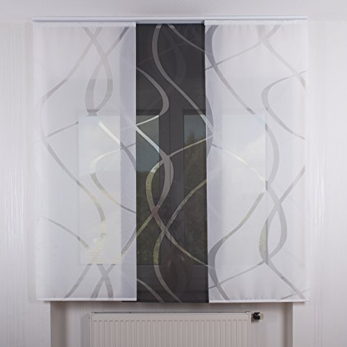 3er Set Schiebegardine Flächenvorhang inkl. Zubehör (in versch. Längen) Tamina-Teresa II, Farbe:weiß-grau, Vorhanglänge:160 cm, Farbe Paneelwagen:Weiß