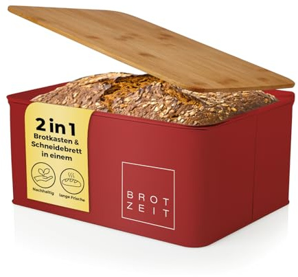 Lumaland Cuisine Bread Bin | Metal Bread Box with Bamboo Lid | Rectangular Bread Box 30,5 x 23,5 x 14 cm | 2in1 Bread Bin & Cutting Board [Red]