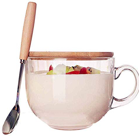 TAMUME 470ml Coupe en Verre Micro-ondes avec Couvercle en Bois, Comprend une Cuillère avec Manche en Bois, Tasse à Café en Verre et Tasse à Thé
