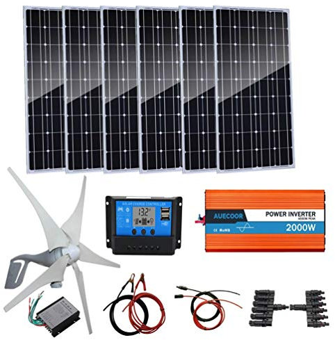 AUECOOR 1000 Watts Wind Solar Powered System(Hybrid System Kit): 400W Wind Turbine Generator + 6pcs 100W Monocrystalline Solar Panel + 2000W Pure Since Wave Inverter(Peak 4000W)+Accessories