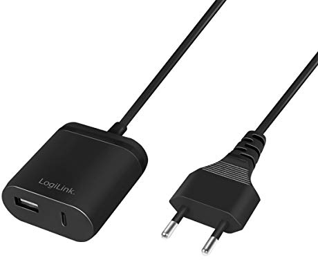 LogiLink PA0256 - USB Stromadapter mit festem 1,5m Kabel, 1x USB-A & 1x USB-C, 12W (5V/2,4A), Schwarz