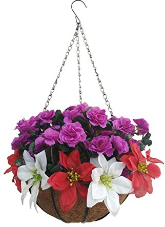 Haus und Hof Urlaub DIY Hübsche Seide Rot Weiß Weihnachtsblume Künstliche Weihnachtsstern Und Künstliche Lila Azaleen Blumenkette Hängender Korb Neujahrsdekoration (Small Basket)