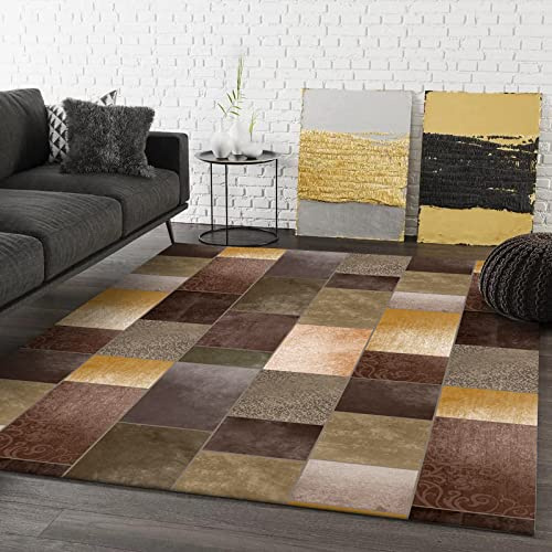 Rururug Designer Teppich Quadratisch Kurzflor Moderner Orientteppich Klassisch Gemustert Ornamente für Wohnzimmer Schlafzimmer Zimmer deko, Geometrische Musternähte in Gelb-Braun-Grün 200 x 200 cm