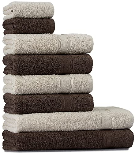 Tuiste Handtuch Set Beige Braun |%100 Baumwolle Frotee Handtücher Set 8 Teilig | 2X Badetücher Set, 4X Handtücher, 2X Gästetücher | Weich und Saugstark | Fabre: Beige - Braun