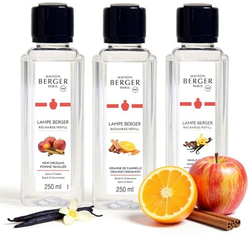 MAISON BERGER Lamp Refill Trio Warm – 3 x 250 ml Home Fragrance Refills for Lampe Berger Catalytic Lamps – Vanilla Gourmet, New Orleans & Orange Cinnamon – Helps Purify Then Fragrance the Air