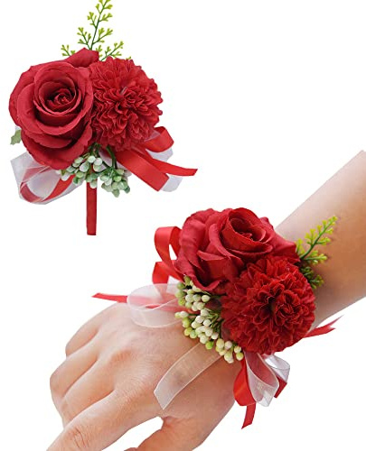 JULAN 2PCS Rose Flower Wrist Corsage Boutonniere Set for Wedding,Boutonniere for Groom and Rose Corsage Wristlet for Bride Bridesmaid for Artificial Wrist Corsage Wedding Party Prom Decorations（red）