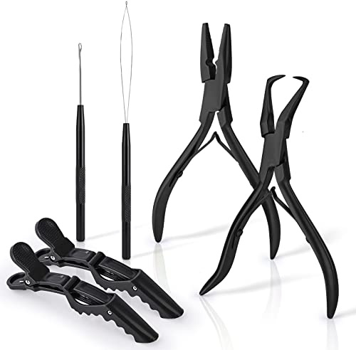 EHDIS Hair Extensions Tools Kit, 2 Stainless Steel Pliers for Hair Apply&Remove Micro Ring Loop, 2 Loop Needle Threader Pulling Hook, 2 Clip, Multi Functional Hair Extension Tool, Black