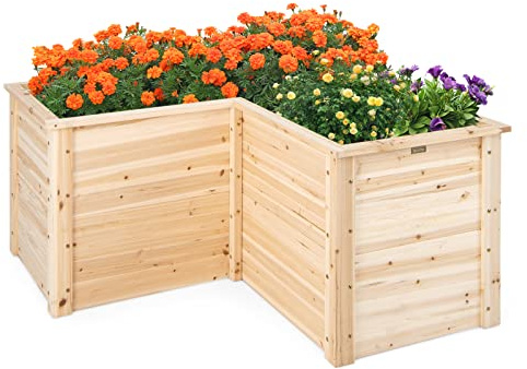 COSTWAY Upphöjd rabatt trä, djup trädgårdsbädd med öppen botten, balkong, trädgård, terrass, L-formad, örtbädd, planteringslåda, gran, 120 x 120 x 63 cm (natur)
