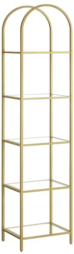 VASAGLE Scaffale Portaoggetti a 5 Ripiani, Libreria in Vetro Temperato, Design ad Arco, Struttura in Metallo, Soggiorno Camera da Letto Studio Bagno, Oro Metallizzato e Trasparente LGT501A01