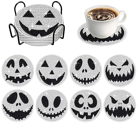 FZQBEY 8 Stück Halloween Diamond Painting Untersetzer mit Halter, Diamant Kunst Untersetzer Kits, DIY Totenkopf Geist Kürbis Untersetzer Diamant Malerei Set für Basteln Anfänger (C)