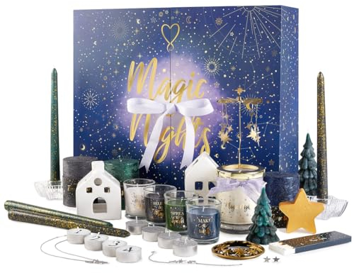 JuwelKerze Adventskalender 2023 'Magic Nights' mit exklusiven Kerzen, versilbertem Schmuck und Weihnachtsdeko (24 Stück) - limitierte Auflage - Wert von bis zum 250 € - Geschenke für Frauen, Mama