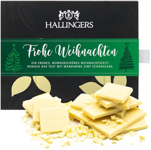 Hallingers Genuss Manufaktur Weiße Schokolade Weihnachts-Geschenk - Tafel aus handgeschöpftem Edelkakao ohne Alkohol edler Karton Frohe Weihnachten Mandarine-Zimt, Weihnachten für Frauen Männer