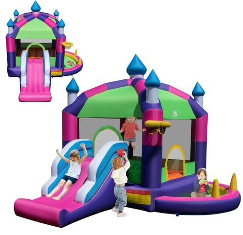 COSTWAY 5 en 1 Château Gonflable avec Toit & Toboggan, Aire de Jeux Gonflable avec Piscine & Panier de Basketball, Maison de Rebond, Charge 90kg pour 2 Enfants de 3-10 Ans, 385x332,5x300CM