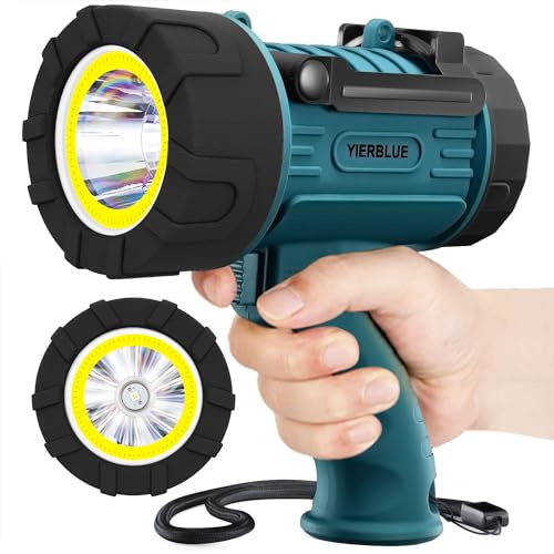 YIERBLUE Rechargeable Spotlight Floodlight Combo 2200,000 High Lumen LED, IP67 Waterproof Spot Light COB Flood Light, Impact Resistant Handheld Spotlight with Foldable Stand and Detachable Red Lens