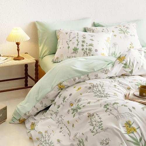 Lanqinglv Juego de ropa de cama de 155 x 220 cm, color verde y blanco, hojas de flores, plantas, reversible, multicolor, funda nórdica con cremallera y 1 funda de almohada de 80 x 80 cm, certificado