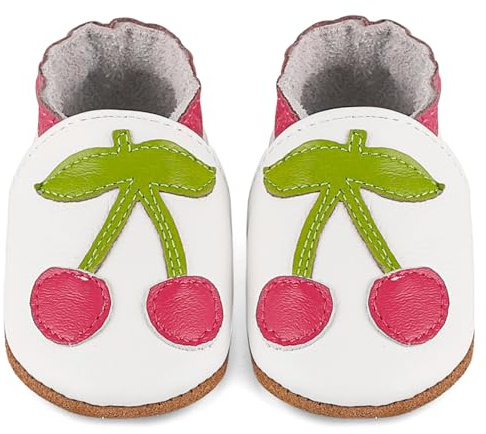 LACOFIA Baby Soft Leather Shoes Anti-Slip Soft Infant Girls Slipper Crib Shoes First Walkers White Cherry 6-12 Months