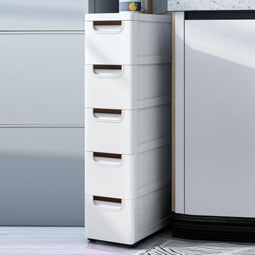 ILWorkTLs 5 Drawers Narrow Slim Plastic Storage Cabinet,Storage Drawer with 4 Wheels,5 Tier Drawers Dresser,White
