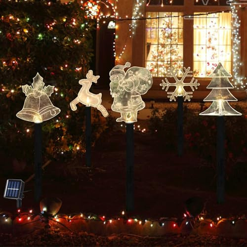 Shinybox Solar Weihnachten Gartenleuchten, 5 Stück Glocken, Elch, Weihnachtsmann, Weihnachtsbaum, Schneeflocke Weihnachtsbaum Lichter Outdoor, Weihnachten Dekoration Set für Weg, Rasen, Garten