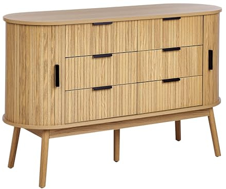 Beliani Cómoda 6 cajones con 2 Puertas correderas MDF Patas de Madera Maciza Madera Clara Selah