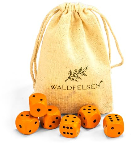 Waldfelsen 6, 12, 20, 30 o 50 cubi in legno di faggio di alta qualità in vero legno di faggio, cubi da gioco in legno, cubi standard da 16 mm, con sacchetto di stoffa (arancione, 6 pezzi)