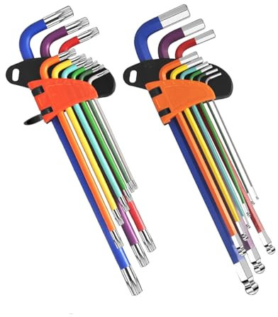 HANDSKIT 18 Piezas Juego de Llaves Hexagonales,Juego de Llaves Allen Hexagonales con Cabezal Esférico 1,5mm-10mm,Seguridad Llaves Torx T10-T50 Estrella Llaves con Agujero para Motocicleta, Muebles