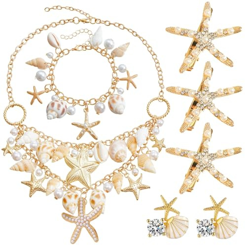 Znnhnn 7 Stück Muschel Seestern Schmuck, Meerjungfrau Schmuck Set, Strandschmuck für Karneval, Mottoparty Cosplay