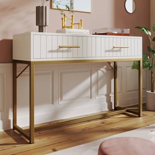 SogesHome Konsolentisch Flurtisch Schmal Konsole Tisch Beistelltisch Aufbewahrungstisch mit 2 Schubladen aus Metall und Holz, 100 * 45 * 75 cm