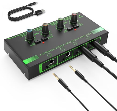 HOSONGIN 4 Channel Headphone Amplifier, Portable Mini Earphone Splitter with Independent Volume Control, Low Noise Stereo Output, Compatible with 1/4 & 1/8 TS/TRS, Ideal for Studio Stage