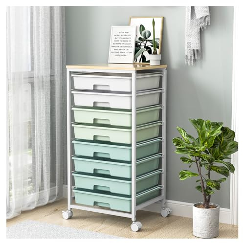 SYKIARIOL 8 Drawers Storage Trolley, Utility Storage Cart on Lockable Wheels with Plastic Drawers, Multipurpose Mobile Organizer Unit for Living Room,Bedroom,School,Beauty, Light Green
