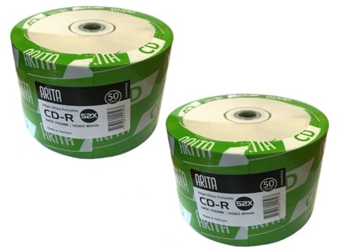 100 x Arita Ritek CD-R Full Inkjet Printable 52x Speed Discs 700MB