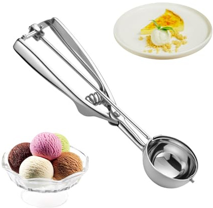 Cucharas de helado con gatillo fácil, cuchara de galletas de acero inoxidable 304 de tamaño grande con agarre antideslizante, cuchara de helado resistente, perfecta para masa de galletas, magdalenas