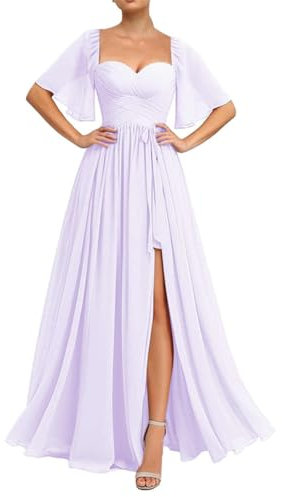 Vestidos de dama de honor de gasa para mujer, con abertura, corsé, vestidos formales de noche, vestidos de cóctel con cordones, Lila, 40