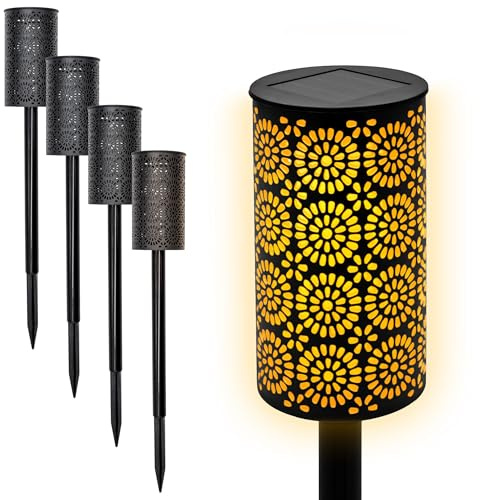 LED Solar Gartenfackel mit Blumen Muster 49 x 7 cm - 4er Set - Wegeleuchte mit realistischem Flammeneffekt - Solarleuchte Gartenlicht Außenleuchte Deko Beleuchtung solarbetrieben für Außen Terrasse