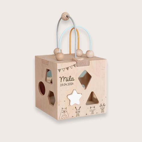 hellomini Personalisierter Motorikwürfel aus Holz – Lernspielzeug zur Förderung der Motorik – Individuell mit Namen graviert Kinder (Waldtiere, Schreibschrift)