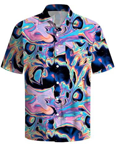 tiorhooe Camicia hawaiana da uomo anni '80, stile retrò, hawaiano, a maniche corte, con bottoni, Lilla 1, XXL