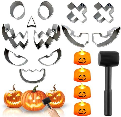 wokdsbl Kürbis Schnitzset mit Vorlagen und Werkzeug für Halloween – 17-teiliges Kürbis Schnitzset mit Hammer, 12 Edelstahl Kürbis Schablonen und 4 Kürbislichtern für Kinder und Erwachsene