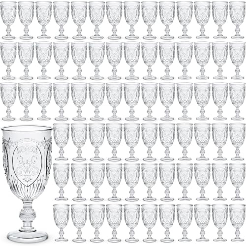 Wiwiqing 100 Pcs Plastic Goblets 7.5oz Vintage Goblet Plastic Wine Glasses Colored Retro Embossed Water Goblets for Wine Bar Juice Baby Shower Wedding Reception Grand Event Party (Clear)