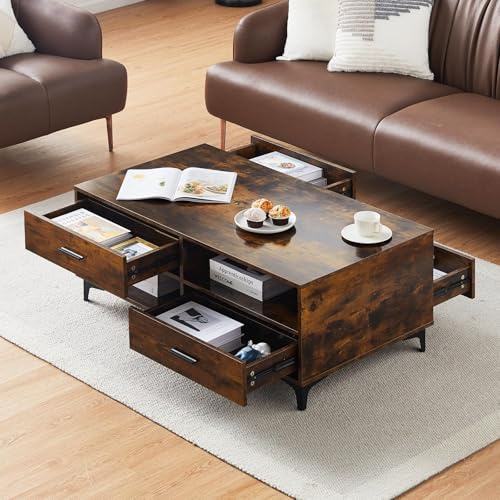 CLIPOP Couchtisch mit Stauraum & 4 Schubladen Wohnzimmertisch Braun | Holz-Beistelltisch,Wohnzimmer-Sofatisch,praktischer Kaffeetisch,mit 4 Schubladen, offenen Fächern für Wohnzimmer